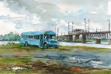 Joanna Barnum, Blue Bus Grey Day, Watercolor